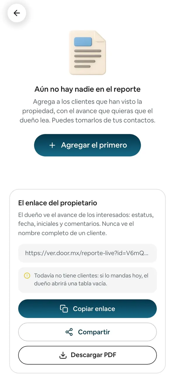Bloque «El enlace del propietario» con el enlace, el aviso de que todavía no tiene clientes, y los botones Copiar enlace, Compartir y Descargar PDF