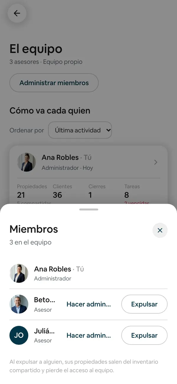 Hoja Miembros, «3 en el equipo»: Ana Robles (Administrador) y cada asesor con Hacer admin… y Expulsar