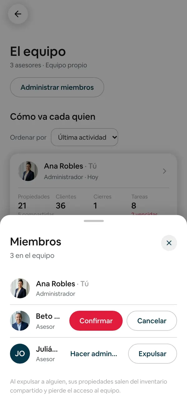 Hoja Miembros con el renglón de Beto con Confirmar en rojo y Cancelar, después de tocar Expulsar