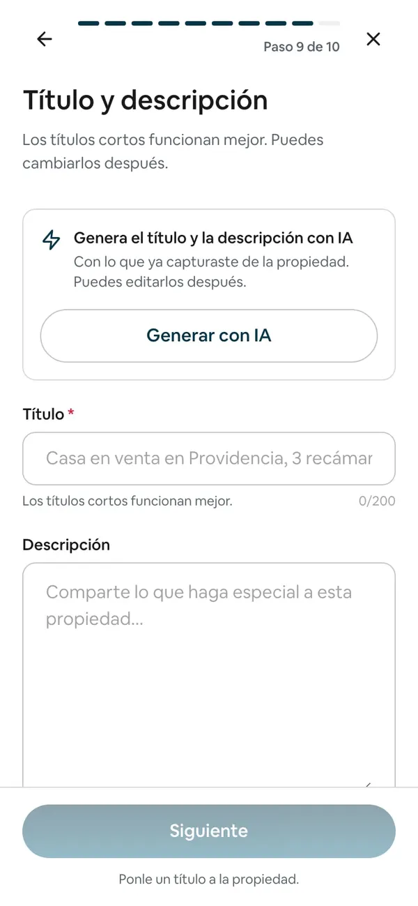 Paso 9 de 10, «Título y descripción»: el recuadro «Genera el título y la descripción con IA» con su botón, y los campos Título y Descripción vacíos