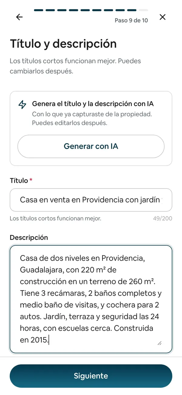 El paso con el título y la descripción ya llenos y el botón Siguiente encendido