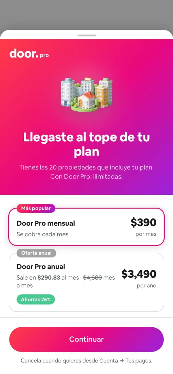Al tocar el + con el tope lleno, se abren los planes: «Llegaste al tope de tu plan. Tienes las 20 propiedades que incluye tu plan. Con Door Pro: ilimitadas.»