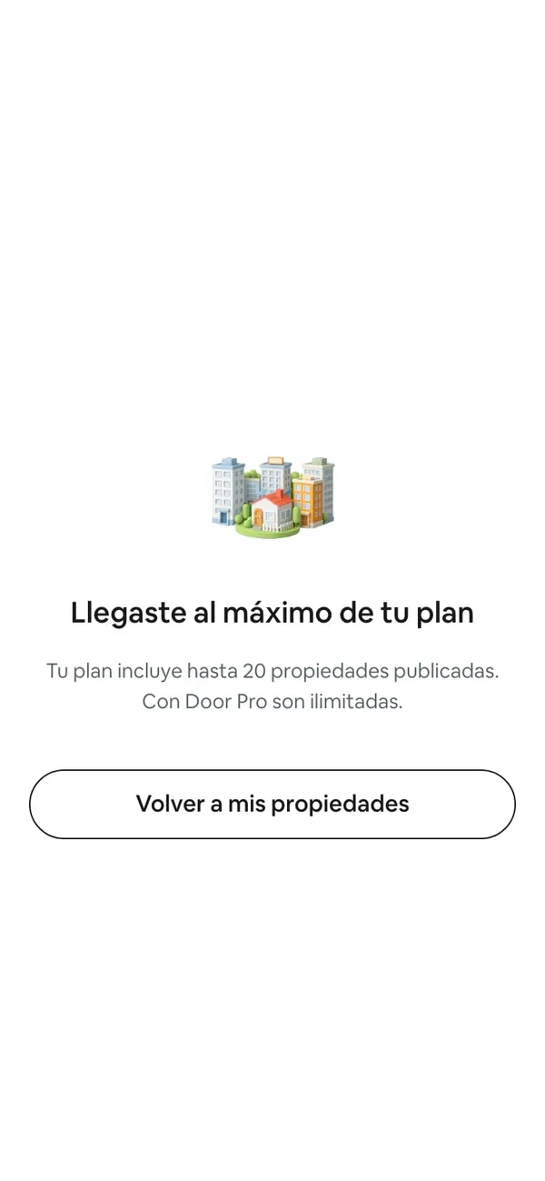 Pantalla «Llegaste al máximo de tu plan» con Door Lite: «Tu plan incluye hasta 20 propiedades publicadas. Con Door Pro son ilimitadas.», y el botón Volver a mis propiedades
