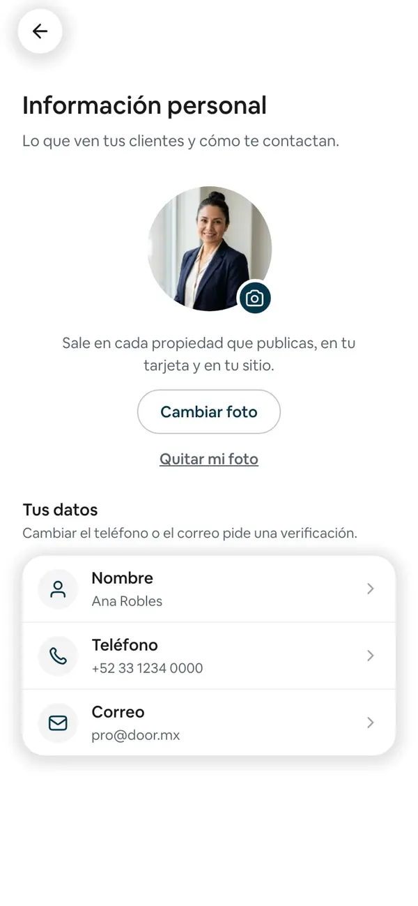 Información personal: la foto y, en Tus datos, los renglones Nombre, Teléfono y Correo