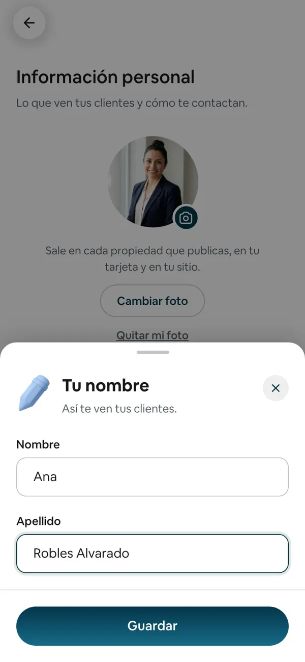 La hoja Tu nombre: Nombre y Apellido, con el apellido corregido y el botón Guardar encendido