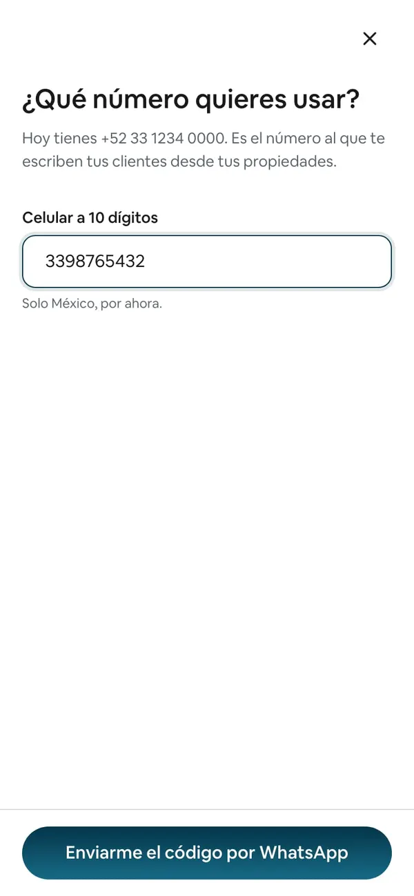 ¿Qué número quieres usar?: «Hoy tienes +52 33 1234 0000», el campo Celular a 10 dígitos con un número de ejemplo y el botón Enviarme el código por WhatsApp