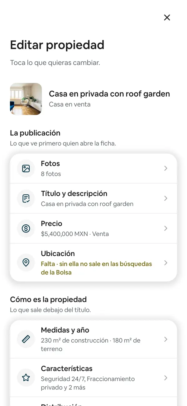Resumen de Editar propiedad de una propiedad sin ubicación: el renglón Ubicación dice en amarillo «Falta · sin ella no sale en las búsquedas de la Bolsa»