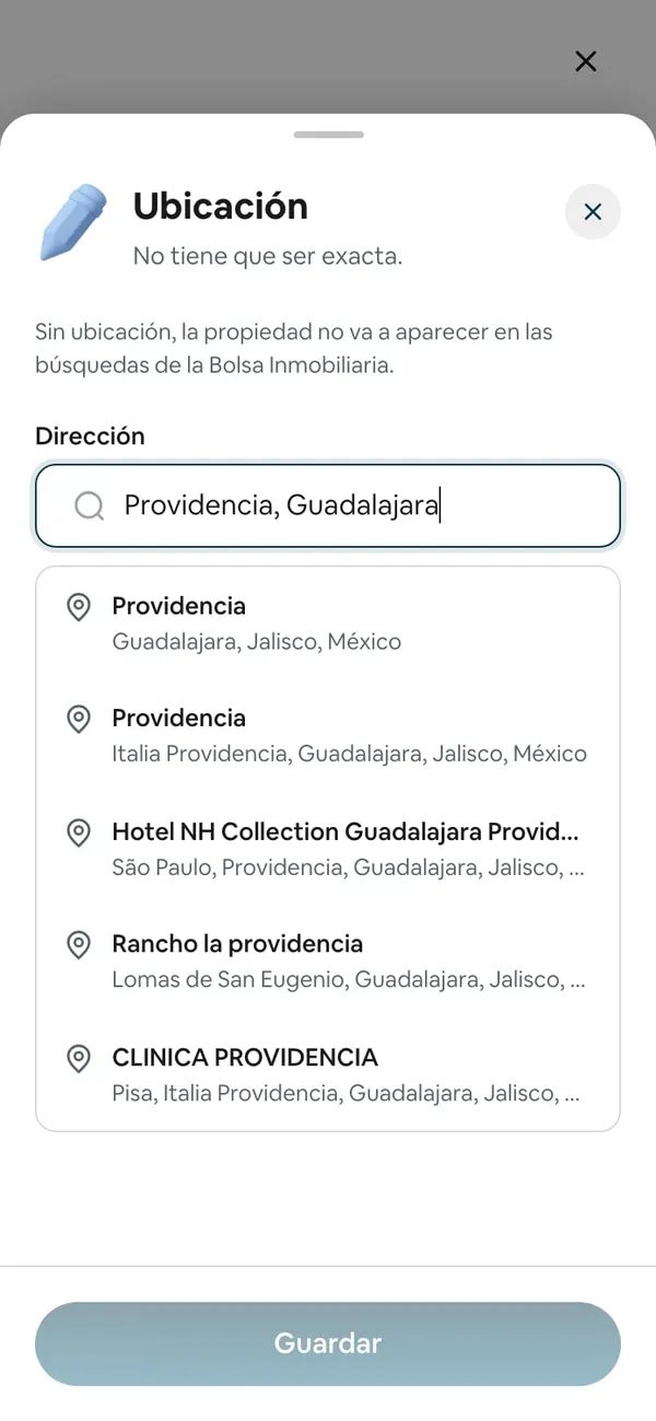 El buscador con «Providencia, Guadalajara» escrito y la lista de resultados