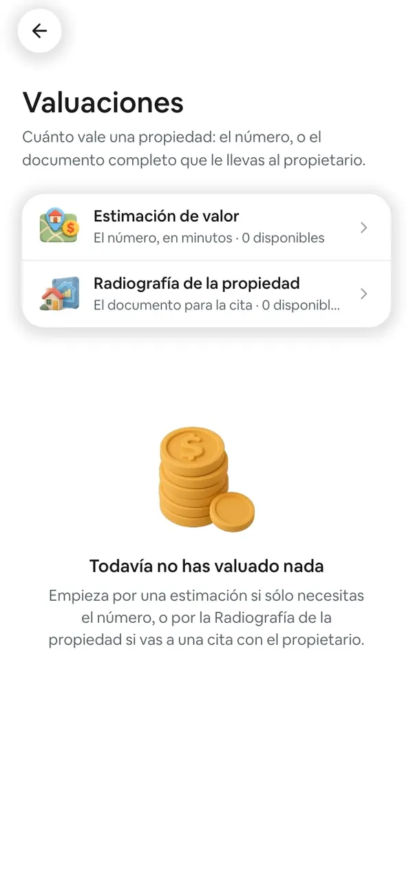 Valuaciones de una cuenta Door Lite: Estimación de valor «0 disponibles» y Radiografía de la propiedad «0 disponibles»