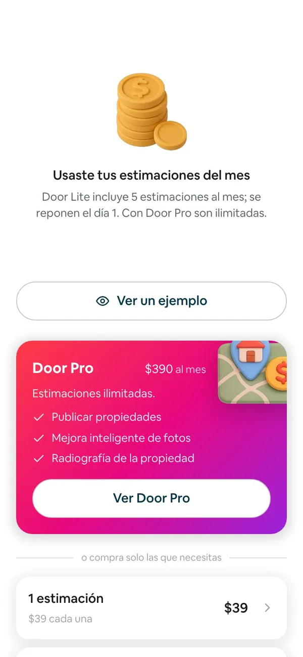 Usaste tus estimaciones del mes: la tarjeta de Door Pro con Ver Door Pro y, debajo, «o compra solo las que necesitas» con el paquete de 1 estimación a $39