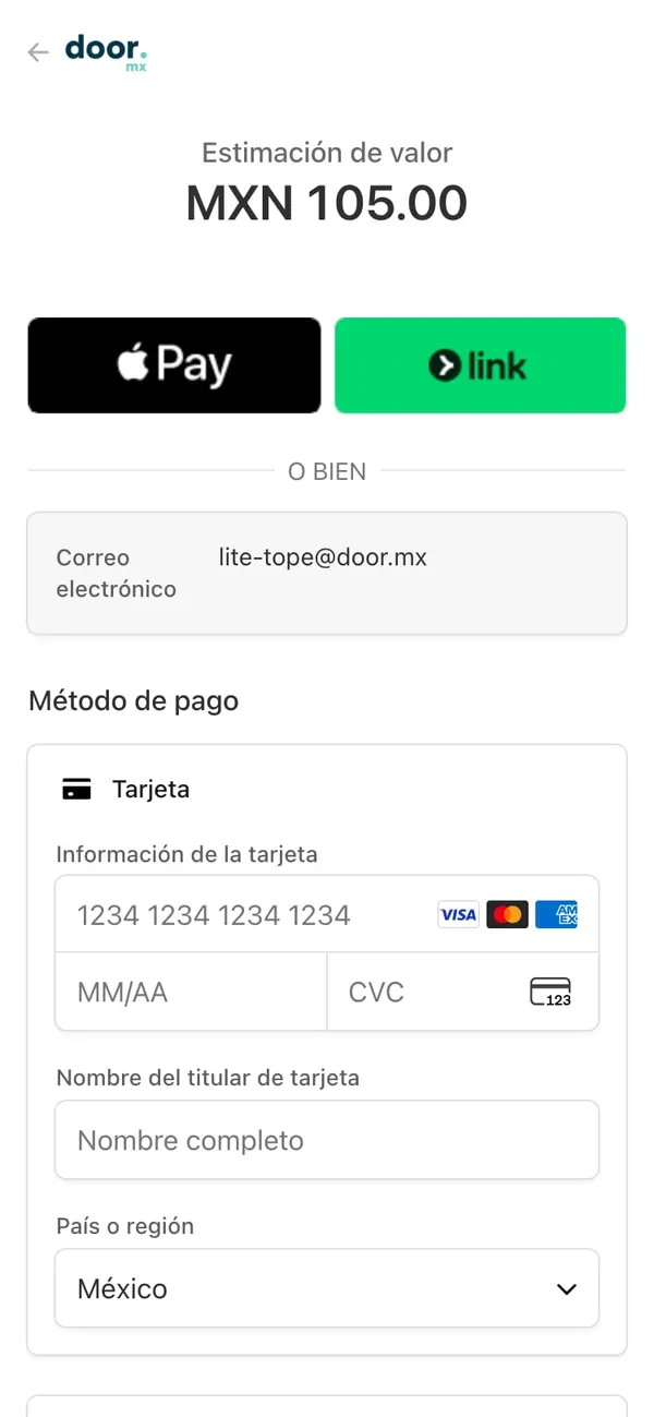 La página de pago de Stripe de las estimaciones: MXN 105.00, con el método de pago con tarjeta