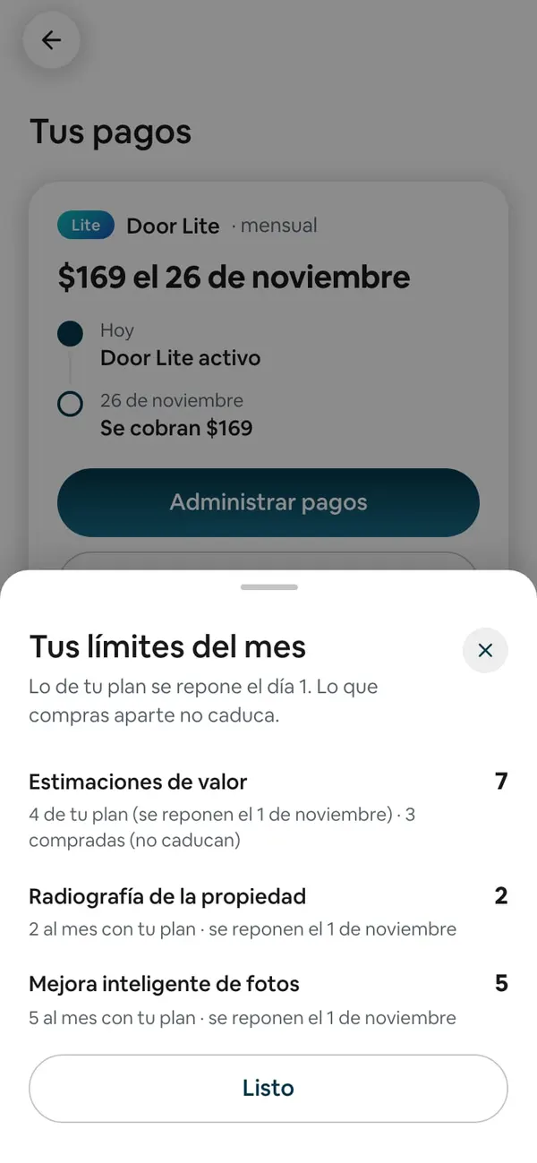 La hoja Tus límites del mes: Estimaciones de valor 7, con «4 de tu plan (se reponen el 1 de noviembre) · 3 compradas (no caducan)»
