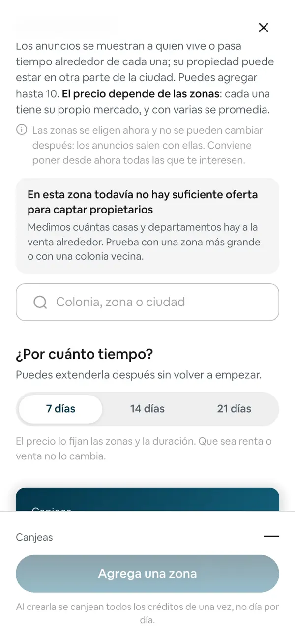 «¿En qué zonas?» después de buscar Amealco de Bonfil: el aviso «En esta zona todavía no hay suficiente oferta para captar propietarios · Medimos cuántas casas y departamentos hay a la venta alrededor. Prueba con una zona más grande o con una colonia vecina.», arriba del buscador vacío; abajo el botón «Agrega una zona» apagado