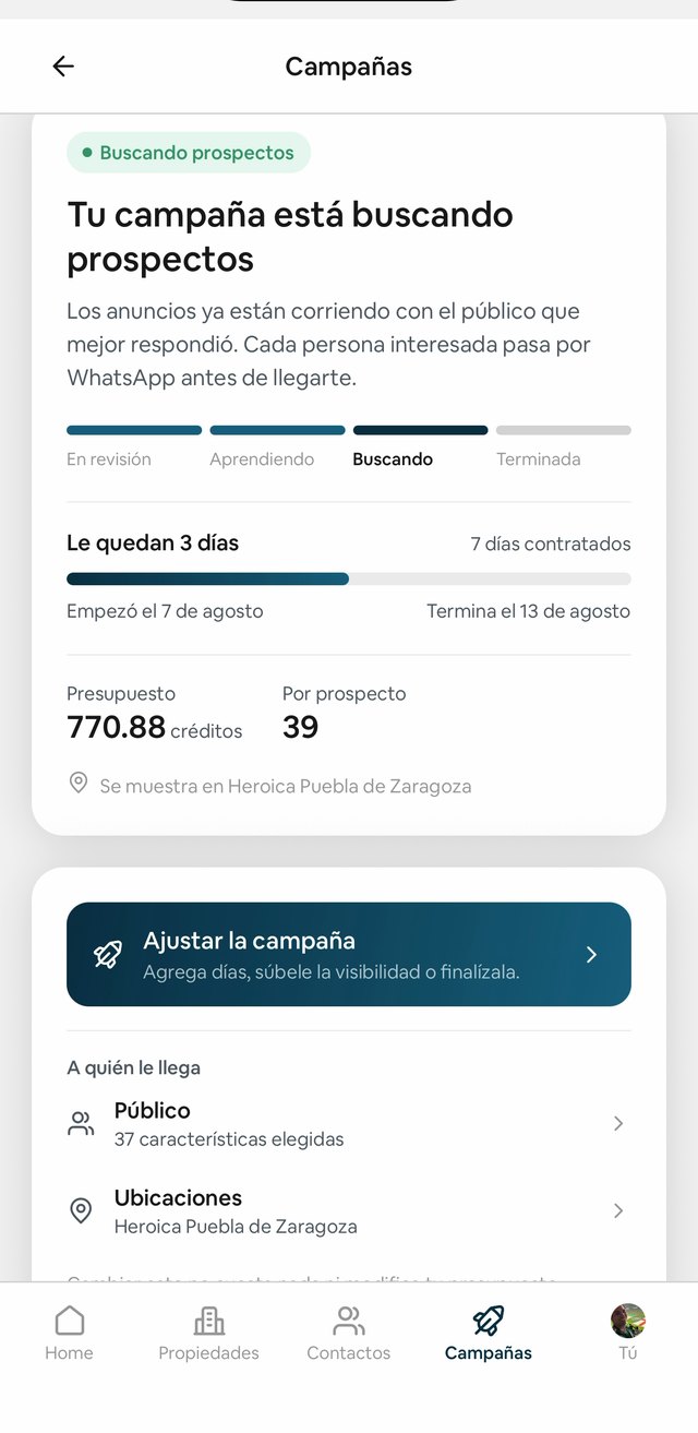 Una campaña de Door corriendo, con su etapa, los días restantes y el presupuesto