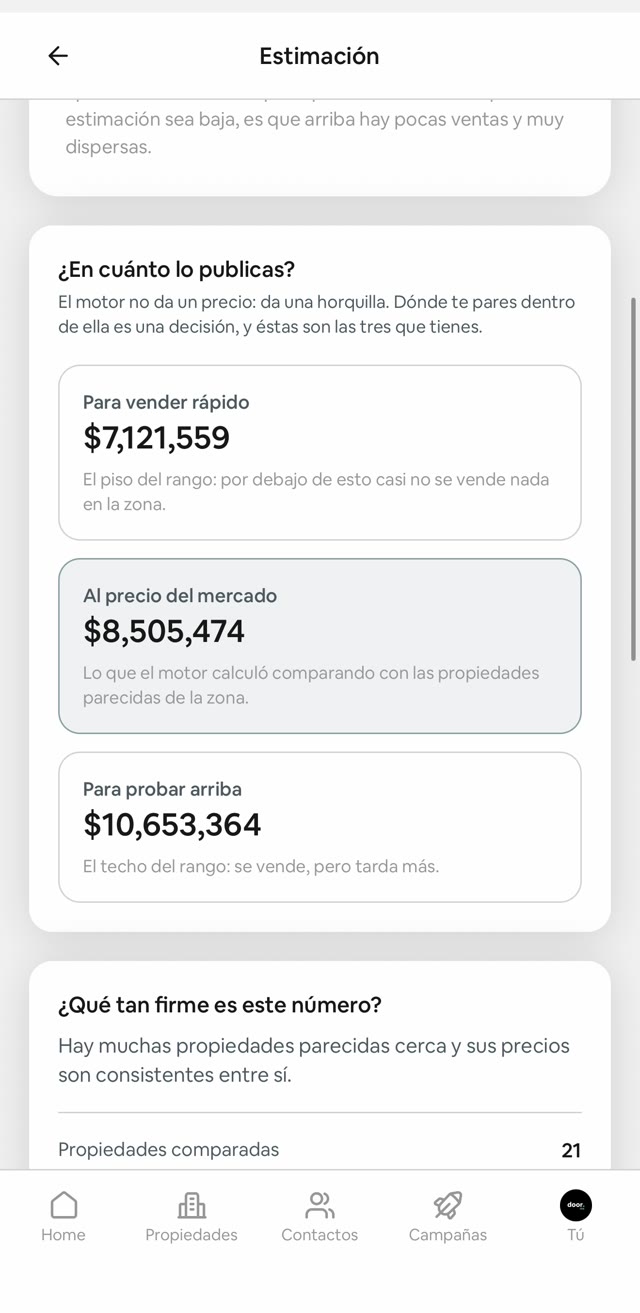 Las tres posiciones de precio en una estimación de Door: vender rápido, al precio del mercado y probar arriba