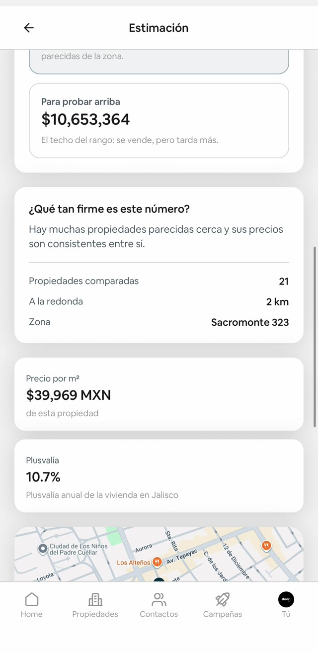 El respaldo de una estimación de Door: propiedades comparadas, distancia, precio por metro cuadrado y plusvalía