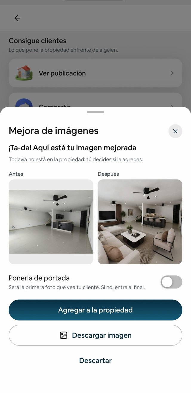 La mejora de fotos de Door, con el antes y el después de una sala vacía amueblada