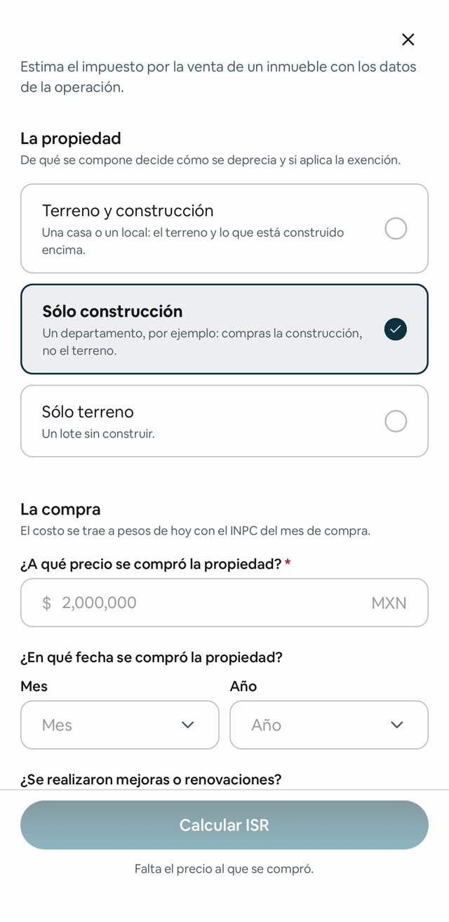 El formulario de la calculadora de ISR de Door, con la composición de la propiedad y los datos de la compra