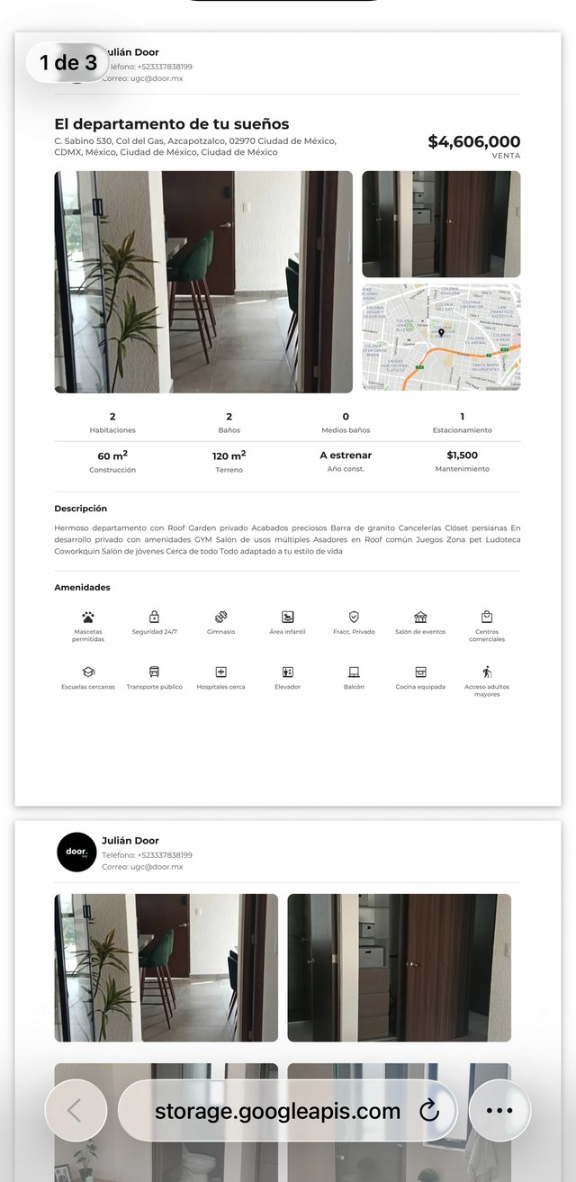Una ficha técnica en PDF generada por Door, con fotos, datos y mapa de la propiedad